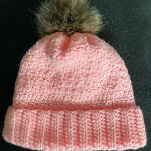 Pink Knit Beanie with Faux Fur Pom